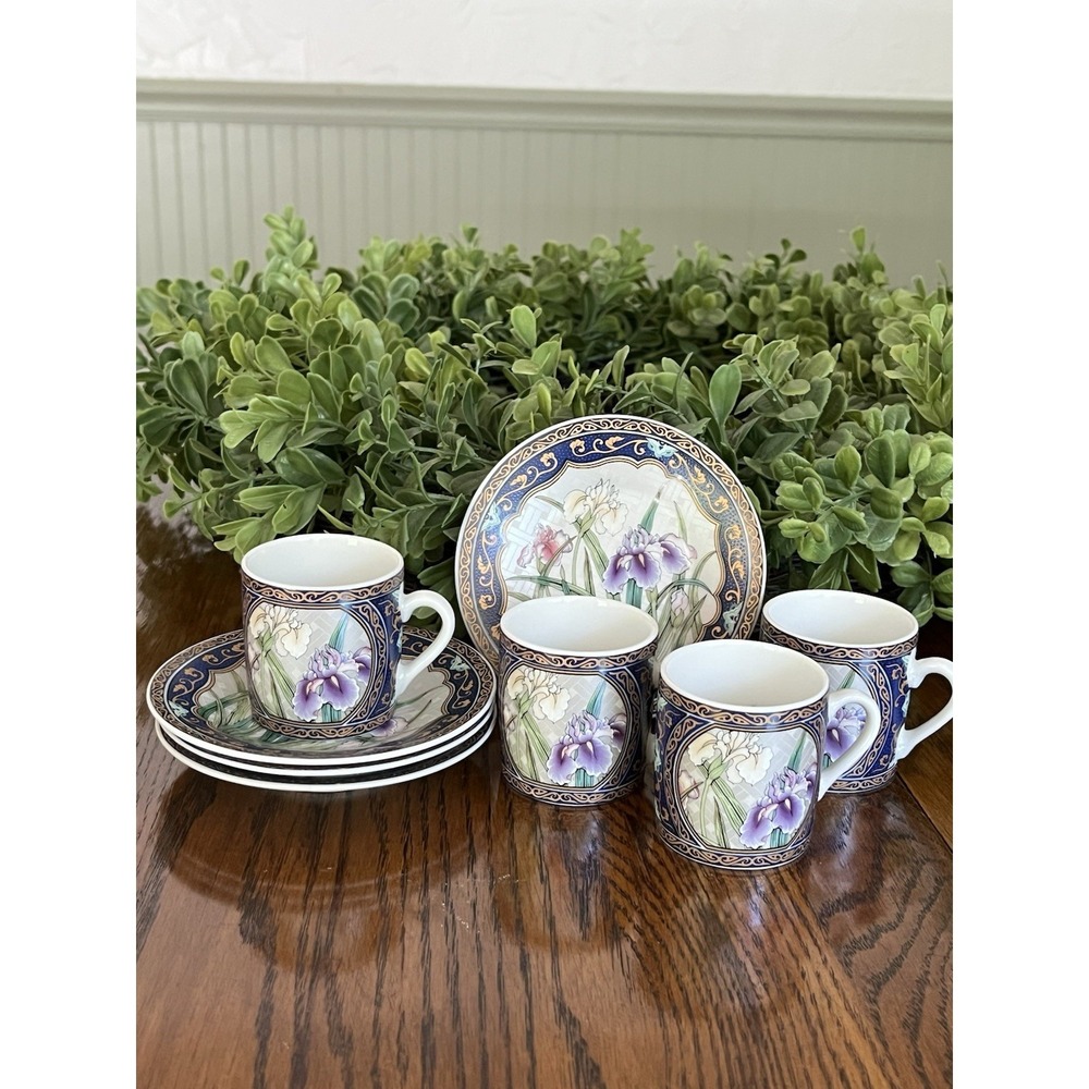 Hues N Brews Gilt Herman Dodge & Son,Inc. Iris Flowers Espresso Cups & Saucers 4